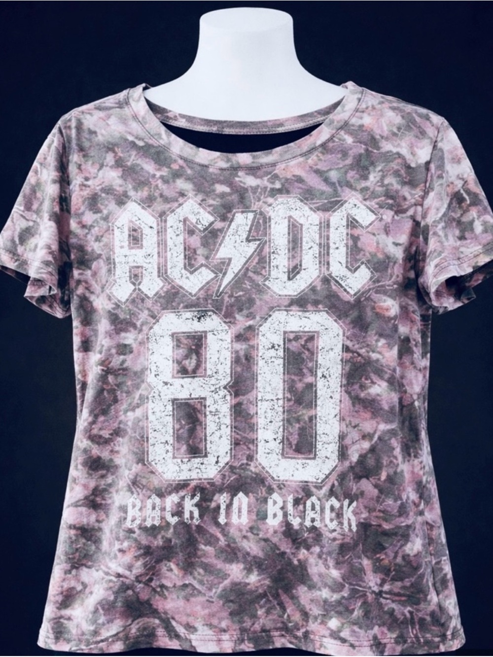 AC/DC Woman/Teen  Pink and Gray Tie-Dye Graphic Tee - '80 Back To Black